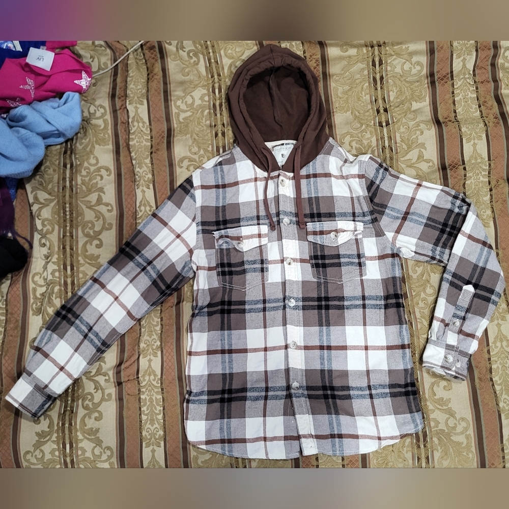 Cactus Man Ricky Singh Hooded Button Up Shirt (Mens: M) Plaid Brown Black White